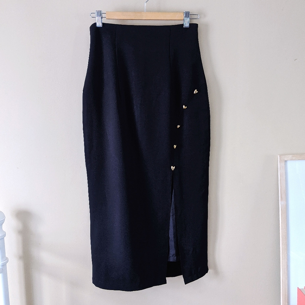 90s long black pencil skirt with gold hearts
